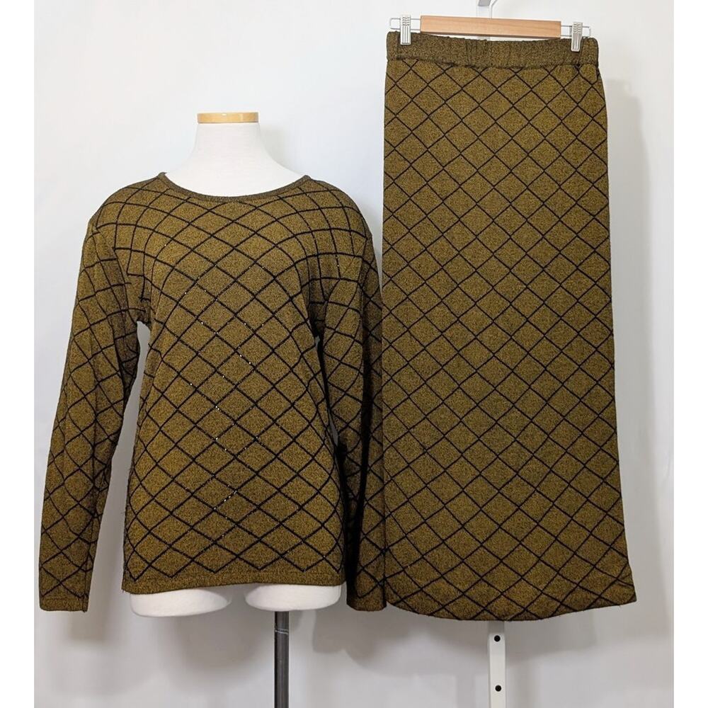 Vintage 90s Top Skirt Set Brown Black Grid Sweater Knit Women's Size XS